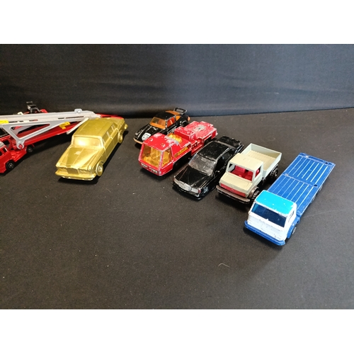 305 - Collection of vintage vehicles including Matchbox, Corgi, Fire engines and a Mooney bank