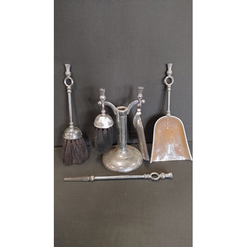 333 - Chrome fireside companion with thistle tops , brasses, Bristle brush