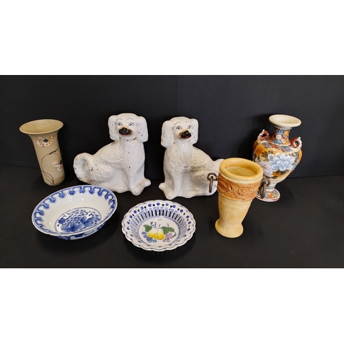 334 - Selection of Vintage items including a pair of Staffordshire dogs, two decorated dishes and other it... 