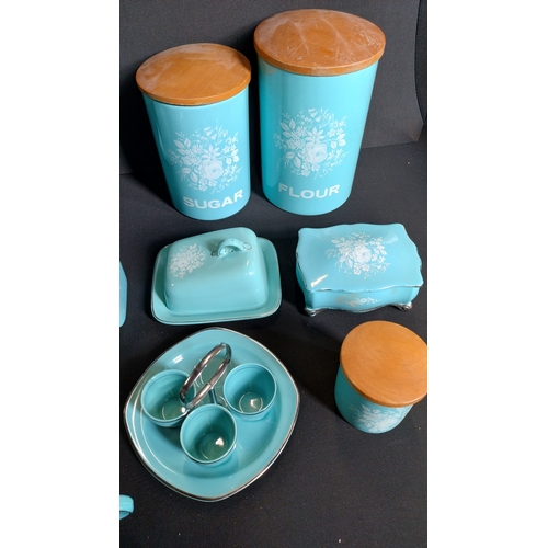 369 - Rare Royal Winton duck egg blue, kitchen set including flour and sugar containers, butter dishes, an... 