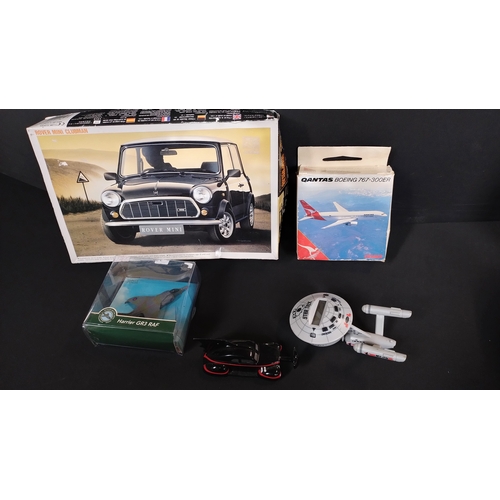 372 - Mini clubman model kit, Harrier GR3 RAF, Quantas Boeing 767-300ER, Corgi batmobile, 20 Questions Sta... 