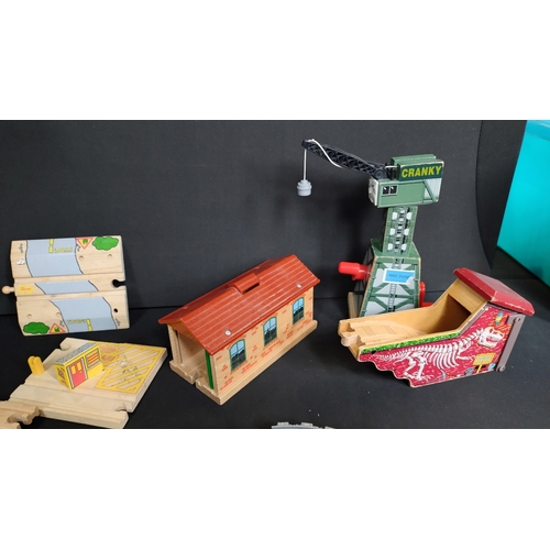 385 - Thomas the tank engine wooden train track and various other pieces and a child's telescope