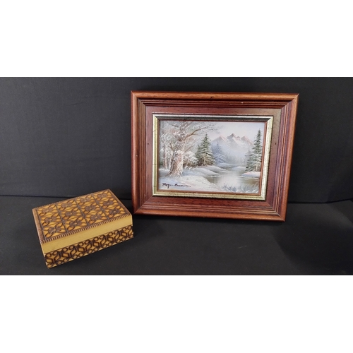 389 - Beautiful Roger Brown oil painting measures approximately 25 x 9.5 cm, and a wooden trinket box with... 