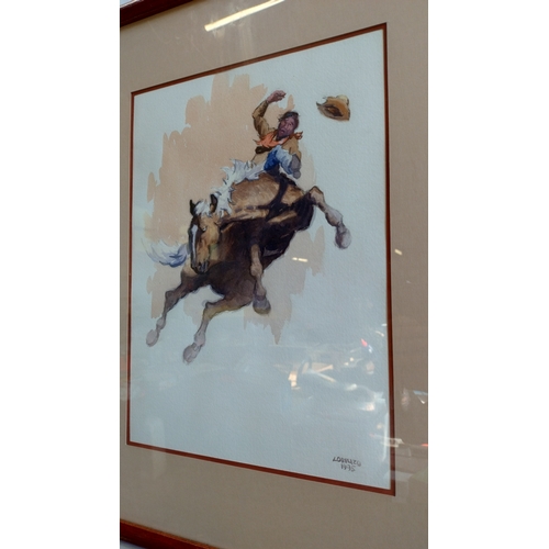 421 - Signed watercolour painting features a western subject approximately 53.5 x 43.5 cm, Has description... 