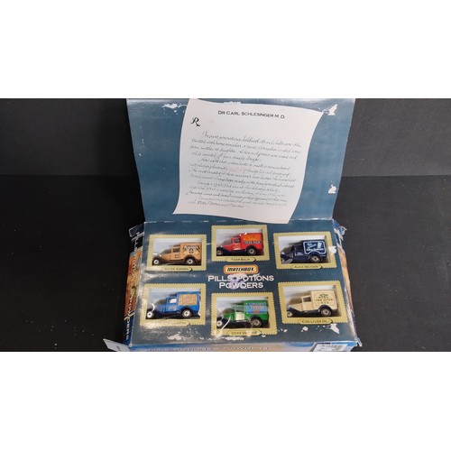 396 - Matchbox gift set edition of six vintage vehicles advertising pills, potions and powders