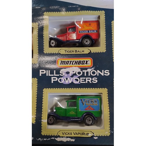 396 - Matchbox gift set edition of six vintage vehicles advertising pills, potions and powders