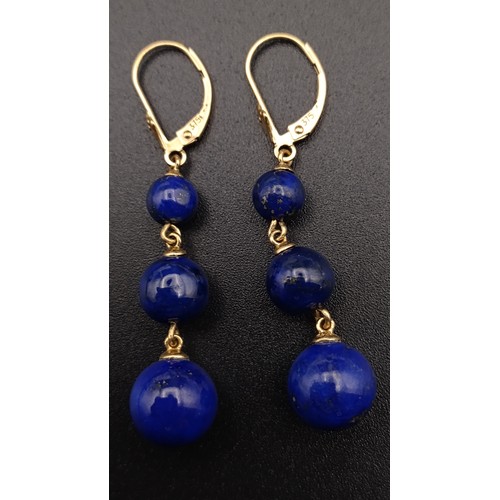 42 - Lapis Lazuli drop Earrings in  9ct Yellow Gold leaver backs