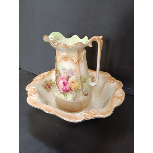 70 - Very large Blush vintage wash Stand bowl and Jug approximately 35cm tall