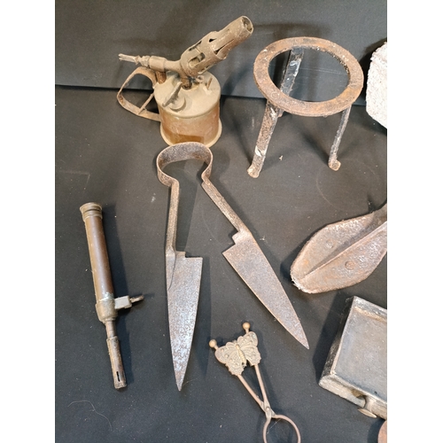 71 - Selection of mixed metal items including brass and cast iron, antique shears, soldering lamp, cobble... 