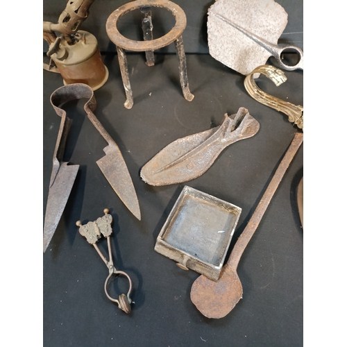 71 - Selection of mixed metal items including brass and cast iron, antique shears, soldering lamp, cobble... 