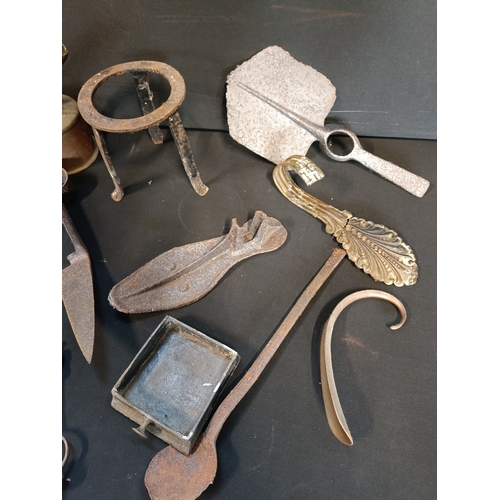 71 - Selection of mixed metal items including brass and cast iron, antique shears, soldering lamp, cobble... 