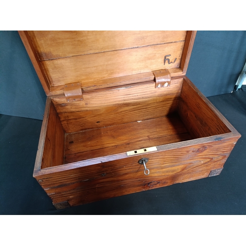 86 - Pine Lockable wooden chest with brass fittings, key and leather bound hinges