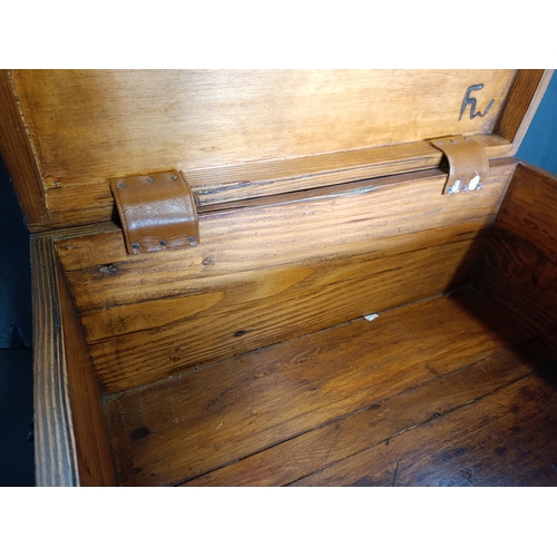 86 - Pine Lockable wooden chest with brass fittings, key and leather bound hinges