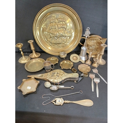 97 - Selection of mixed metal items including Brass and Silver plated items, candlesticks, ashtrays, shoe... 