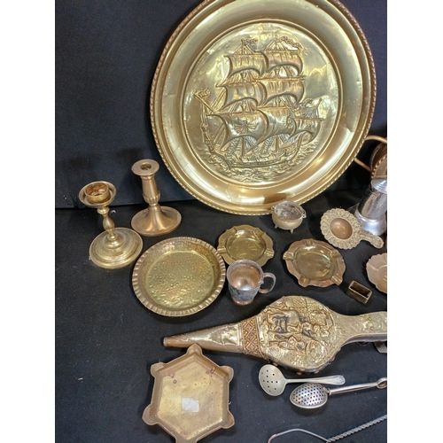 97 - Selection of mixed metal items including Brass and Silver plated items, candlesticks, ashtrays, shoe... 