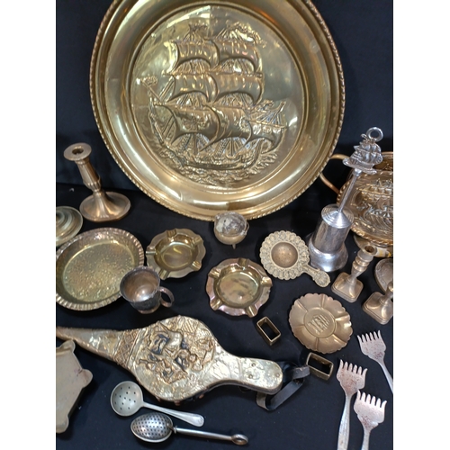 97 - Selection of mixed metal items including Brass and Silver plated items, candlesticks, ashtrays, shoe... 