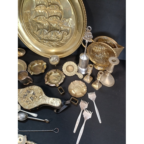 97 - Selection of mixed metal items including Brass and Silver plated items, candlesticks, ashtrays, shoe... 