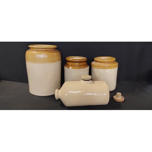 26 - 3 x stoneware pottery jars,  largest measures approx H 27 x W 8 cm - and a stoneware bed warmer