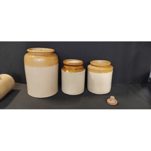 26 - 3 x stoneware pottery jars,  largest measures approx H 27 x W 8 cm - and a stoneware bed warmer