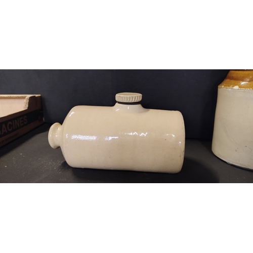 26 - 3 x stoneware pottery jars,  largest measures approx H 27 x W 8 cm - and a stoneware bed warmer