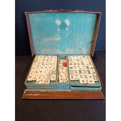 32 - Vintage Chinese bone and bamboo Mahjong set in a case with five lift out trays