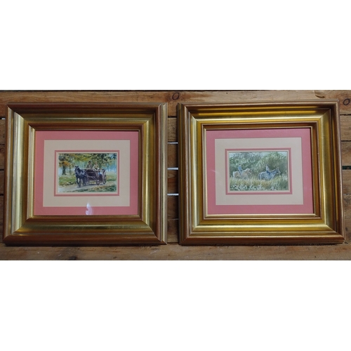 34 - Pair of gilt framed watercolour paintings of a horse drawn carriage, and horse riders. Measures appr... 