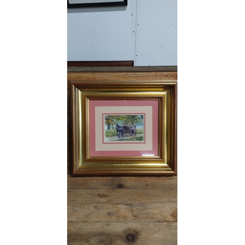 34 - Pair of gilt framed watercolour paintings of a horse drawn carriage, and horse riders. Measures appr... 