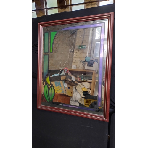 52 - Stained glass effect mirror measures 21.5 x 17.5 inches