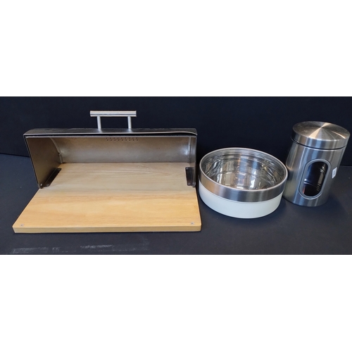 56 - Zeller Stainless steel bread bin with wooden board attached, Butterfly steel cookie tin, and a large... 