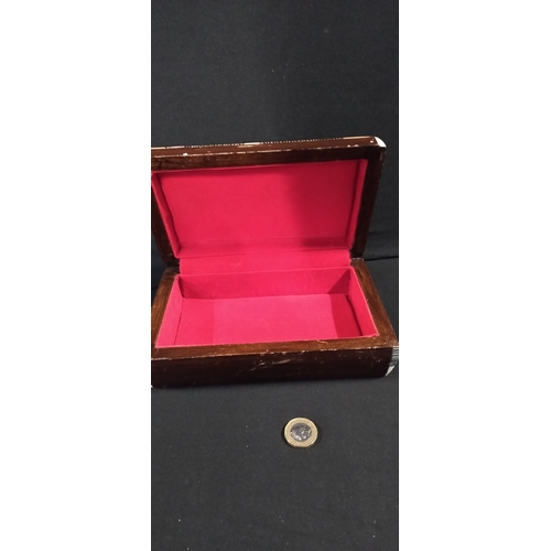 66 - Wooden marketory inlaid box  with mother of pearl and bone and red velvet lining. Measures approx H ... 