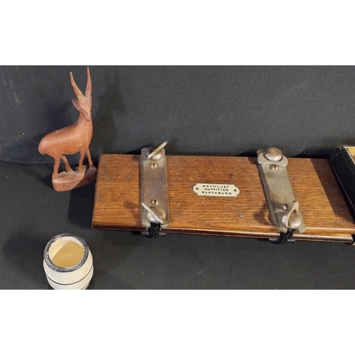 116 - Various animal wood carvings, tie press, and a carved top wooden box