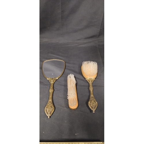 148 - Ladies vintage dressing table set comprising of hair brushes, hand mirror and tray. With lace and em... 