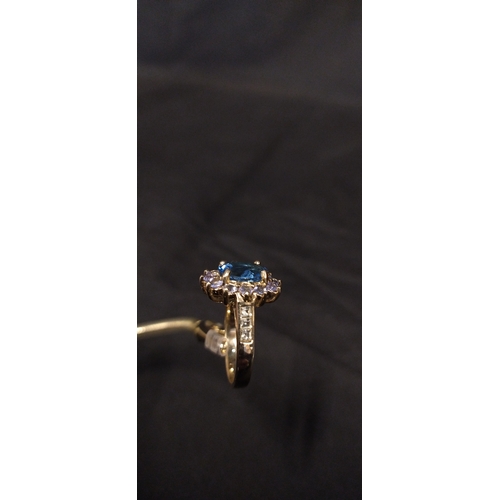 14 - 9ct gold ring with Swiss blue topaz stone and surrounded by tanzanite with yellow Beryl on the shoul... 