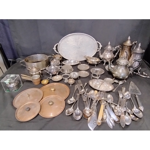 31 - Large quantity of various brass, copper and white metal items including teapot's, sugar bowls, pan l... 