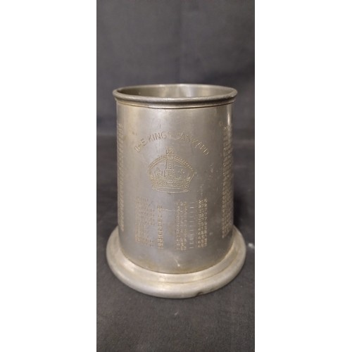 35 - A pewter tankard engraved with The Kings Tankard, and a hand-engraved pewter plate