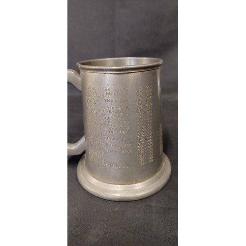 35 - A pewter tankard engraved with The Kings Tankard, and a hand-engraved pewter plate