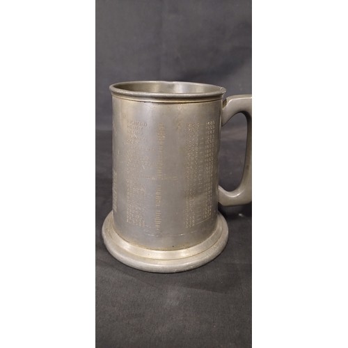 35 - A pewter tankard engraved with The Kings Tankard, and a hand-engraved pewter plate