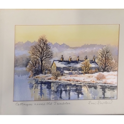 37 - Painting of Cottages across the Jambles by Brian Barlow 1993. Measures approx H 24.5 x W 29.5 cm