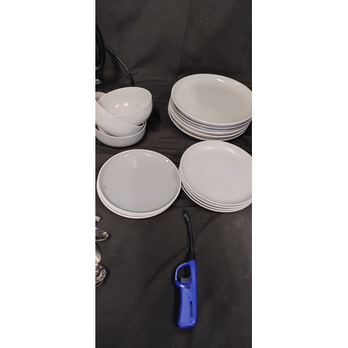 43 - Various kitchen items including kettle, plates, dishes, and other items