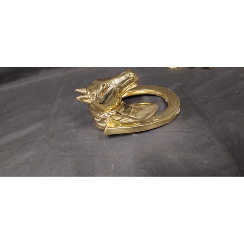 76 - Brass horse and horseshoe door knocker with fixings