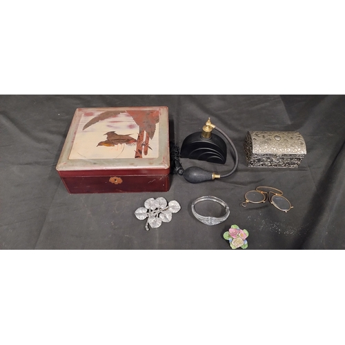 95 - Perfume atomiser and a metal lined trinket box, jewellery box containing various costume jewellery a... 