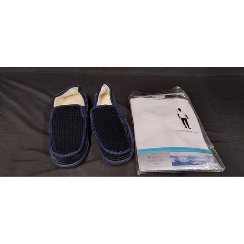 110 - Pair of mens slippers size Uk 10 and a white short sleeved thermal vest size large