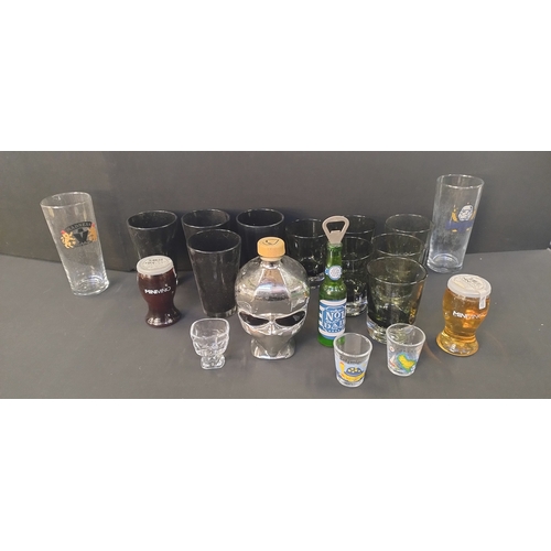 116 - Selection of mixed glasses,  bottles of alcohol, and a bottle opener