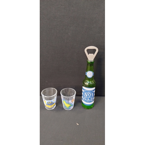 116 - Selection of mixed glasses,  bottles of alcohol, and a bottle opener