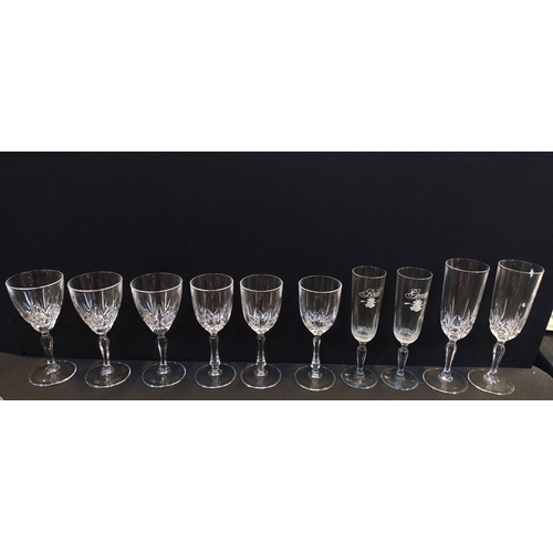 130 - Collection of glassware, champagne flutes, wine glasses, small vases, brandy glasses.