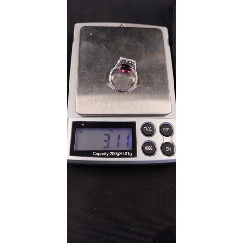 4 - 9ct white gold ring set with a red stone size M. Weight approx 3.11g