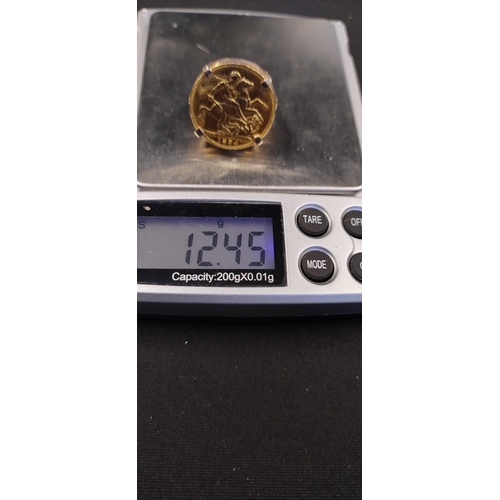 8 - Ladies 22ct Gold full sovereign mounted in a 9ct gold Size N/O. Weight approx 12.45g