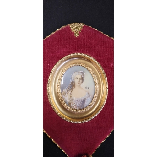 138 - Signed Vintage miniature oil painting of a Georgian lady in a red and gold tasseled Frame. Measures ... 