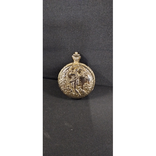 144 - Saxon Hunter pocket watch with floral design to face and hunting scene on the front case