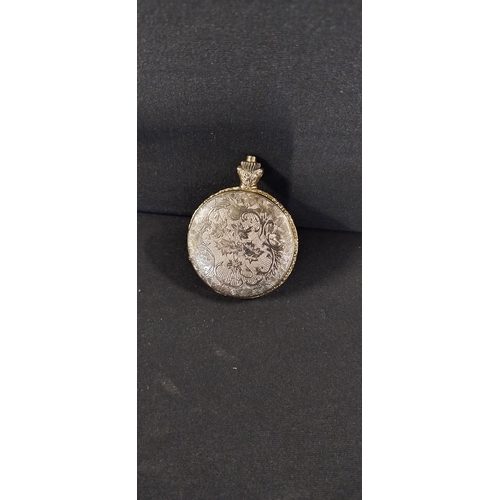 144 - Saxon Hunter pocket watch with floral design to face and hunting scene on the front case